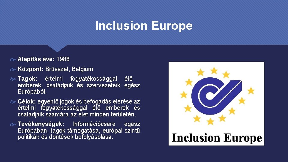 Inclusion Europe Alapítás éve: 1988 Központ: Brüsszel, Belgium Tagok: értelmi fogyatékossággal élő emberek, családjaik