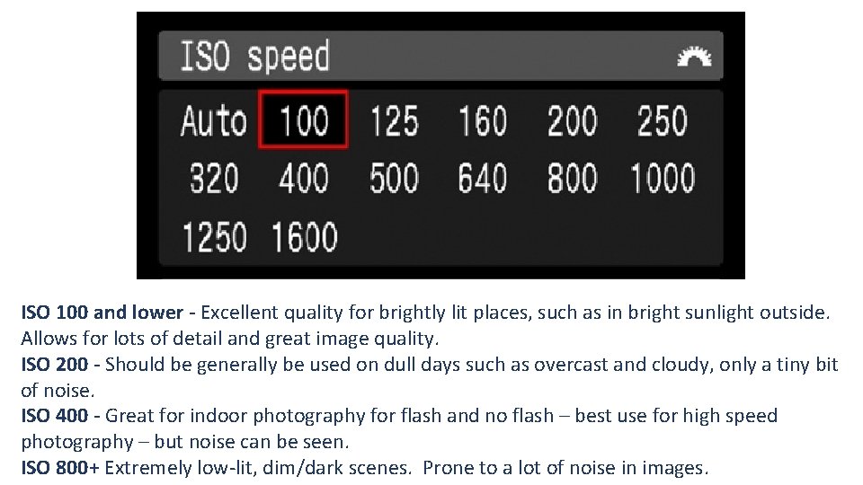 ISO 100 and lower - Excellent quality for brightly lit places, such as in