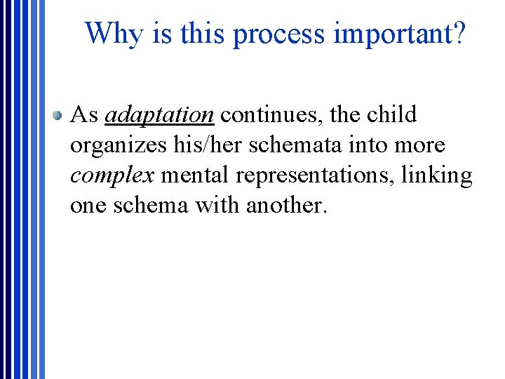 Why is this process important? As adaptation continues, the child organizes his/her schemata into Why is this process important? As adaptation continues, the child organizes his/her schemata into