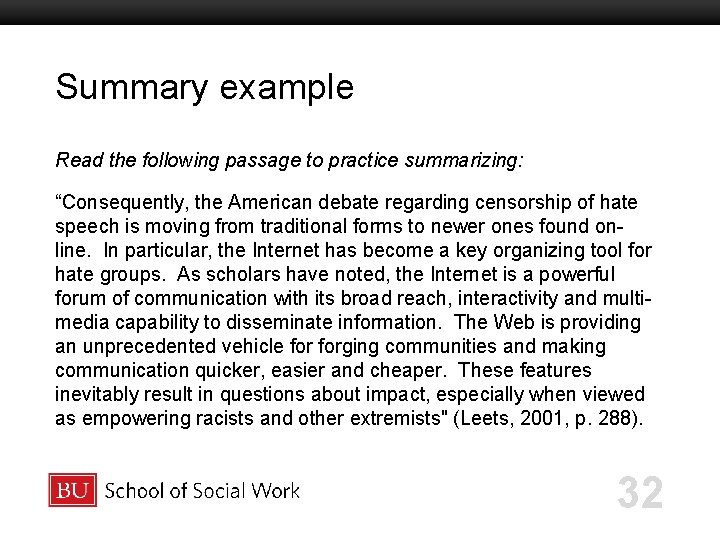 Summary example Boston University Slideshow Title Goes Here Read the following passage to practice Summary example Boston University Slideshow Title Goes Here Read the following passage to practice