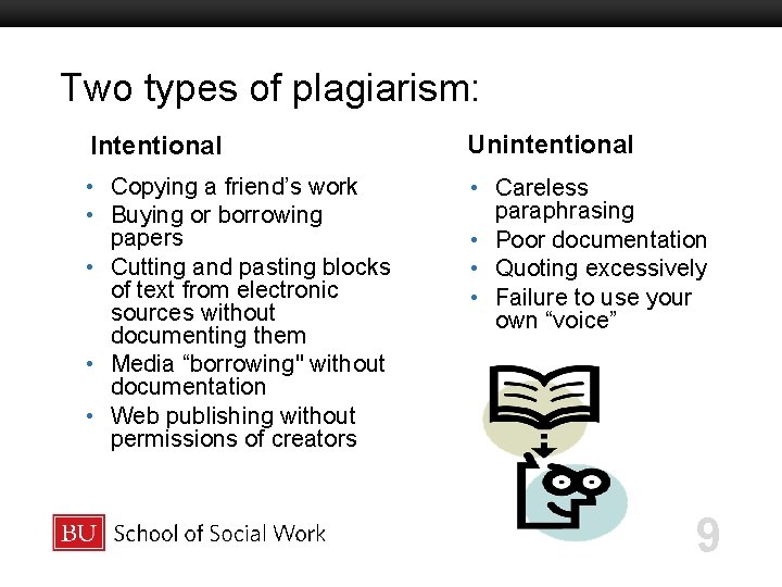 Two types of plagiarism: Intentional Unintentional • Copying a friend’s work • Buying or