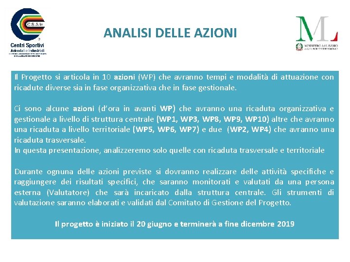 ANALISI DELLE AZIONI Il Progetto si articola in 10 azioni (WP) che avranno tempi