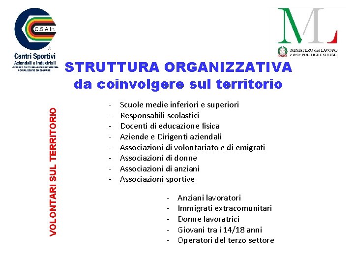 VOLONTARI SUL TERRITORIO STRUTTURA ORGANIZZATIVA da coinvolgere sul territorio - Scuole medie inferiori e