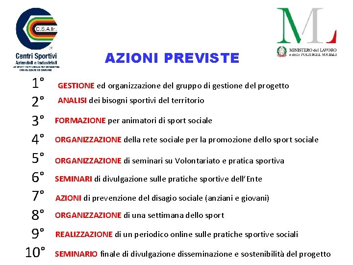 AZIONI PREVISTE 1° 2° 3° 4° 5° 6° 7° 8° 9° 10° GESTIONE ed