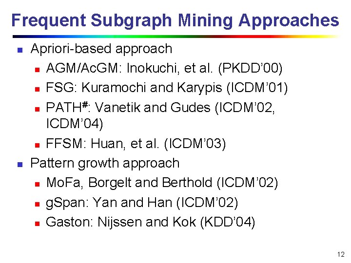 Frequent Subgraph Mining Approaches n n Apriori-based approach n AGM/Ac. GM: Inokuchi, et al.