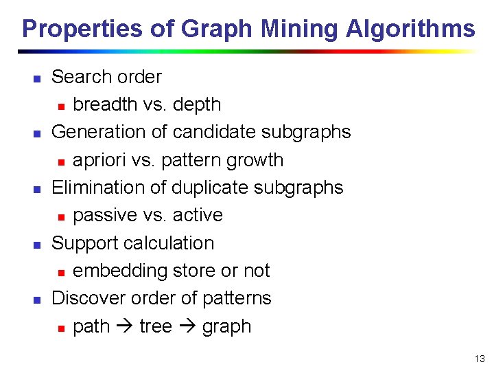 Properties of Graph Mining Algorithms n n n Search order n breadth vs. depth