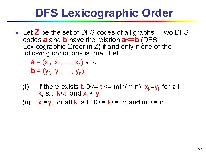 DFS Lexicographic Order n Let Z be the set of DFS codes of all