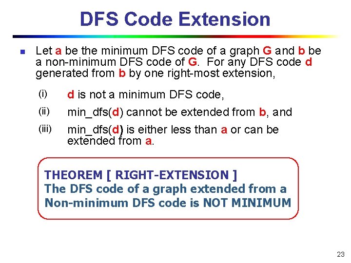 DFS Code Extension n Let a be the minimum DFS code of a graph