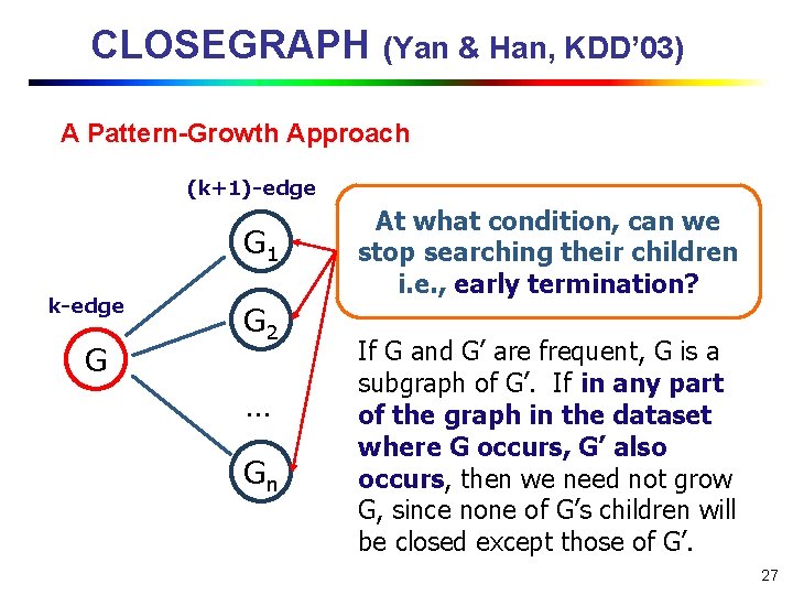 CLOSEGRAPH (Yan & Han, KDD’ 03) A Pattern-Growth Approach (k+1)-edge G 1 k-edge G