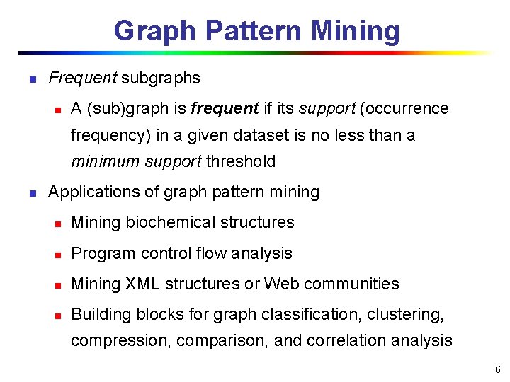 Graph Pattern Mining n Frequent subgraphs n A (sub)graph is frequent if its support