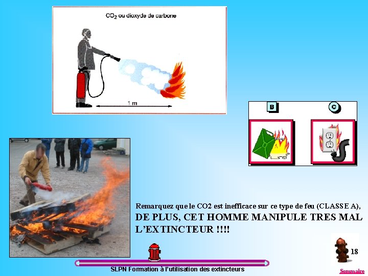 Remarquez que le CO 2 est inefficace sur ce type de feu (CLASSE A),