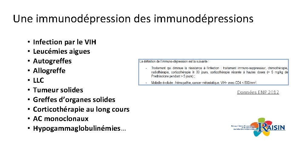 Une immunodépression des immunodépressions • • • Infection par le VIH Leucémies aigues Autogreffes