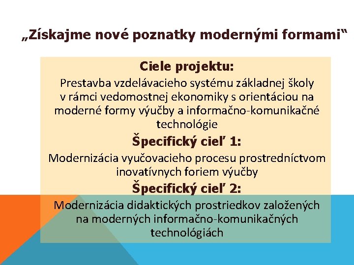 „Získajme nové poznatky modernými formami“ Ciele projektu: Prestavba vzdelávacieho systému základnej školy v rámci