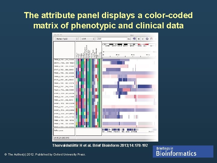 The attribute panel displays a color-coded matrix of phenotypic and clinical data Thorvaldsdóttir H The attribute panel displays a color-coded matrix of phenotypic and clinical data Thorvaldsdóttir H