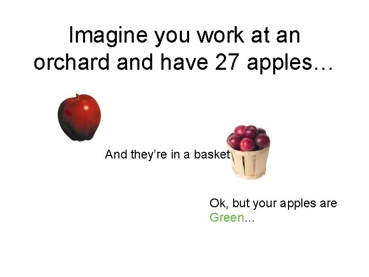 Imagine you work at an orchard and have 27 apples… And they’re in a Imagine you work at an orchard and have 27 apples… And they’re in a
