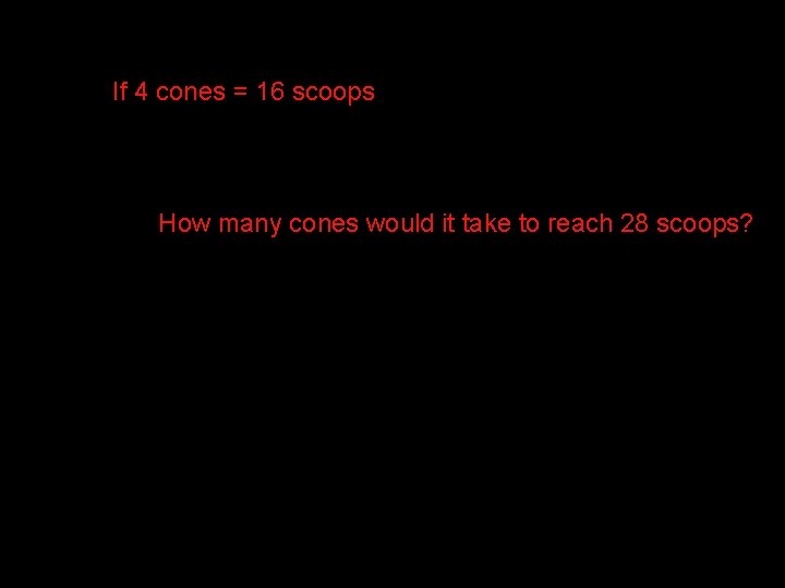 If 4 cones = 16 scoops How many cones would it take to reach If 4 cones = 16 scoops How many cones would it take to reach