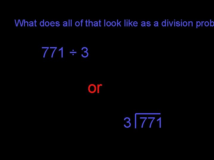 What does all of that look like as a division prob 771 ÷ 3 What does all of that look like as a division prob 771 ÷ 3