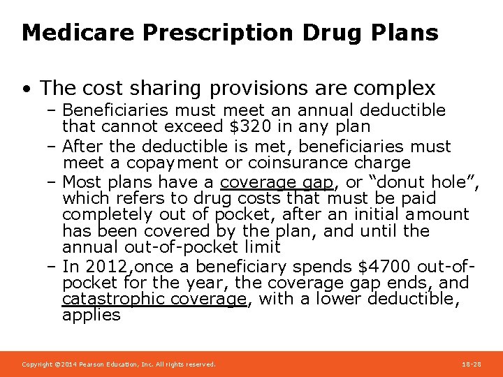 Medicare Prescription Drug Plans • The cost sharing provisions are complex – Beneficiaries must