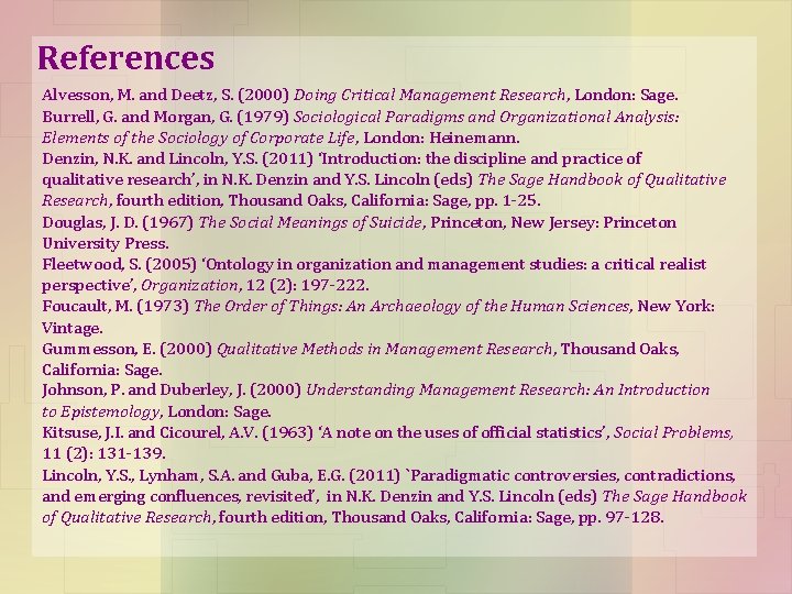 References Alvesson, M. and Deetz, S. (2000) Doing Critical Management Research, London: Sage. Burrell,