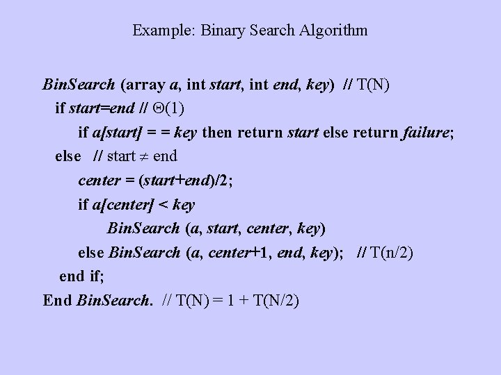 Example: Binary Search Algorithm Bin. Search (array a, int start, int end, key) //