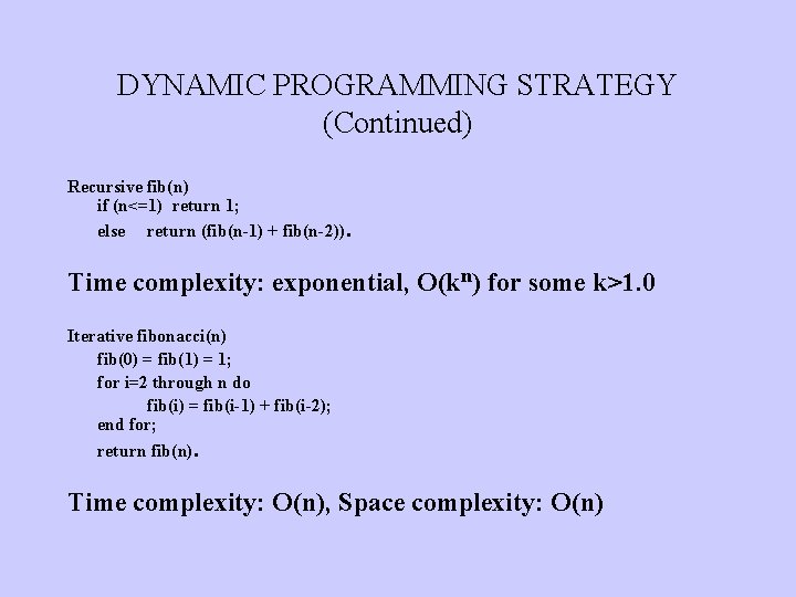 DYNAMIC PROGRAMMING STRATEGY (Continued) Recursive fib(n) if (n<=1) return 1; else return (fib(n-1) +