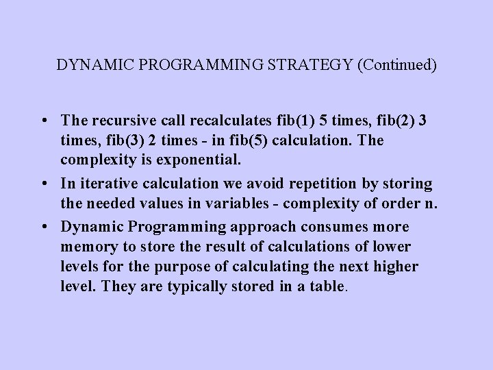 DYNAMIC PROGRAMMING STRATEGY (Continued) • The recursive call recalculates fib(1) 5 times, fib(2) 3