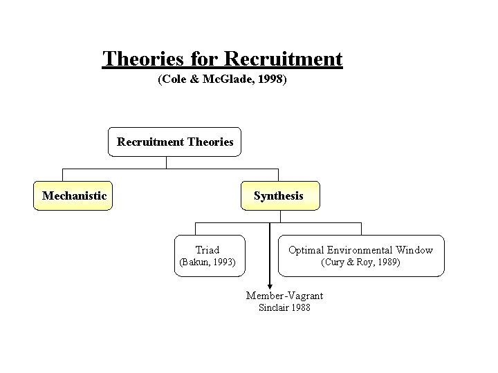 Theories for Recruitment (Cole & Mc. Glade, 1998) Recruitment Theories Mechanistic Synthesis Triad Optimal