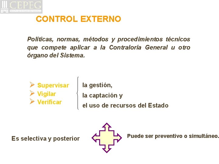 CONTROL EXTERNO Políticas, normas, métodos y procedimientos técnicos que compete aplicar a la Contraloría