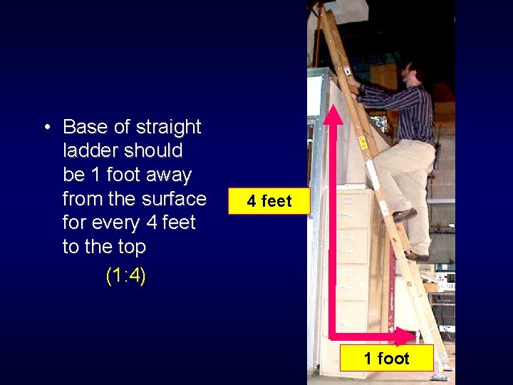  • Base of straight ladder should be 1 foot away from the surface
