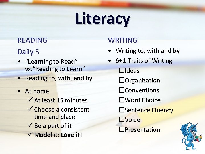 Literacy READING Daily 5 • “Learning to Read” vs. “Reading to Learn” • Reading