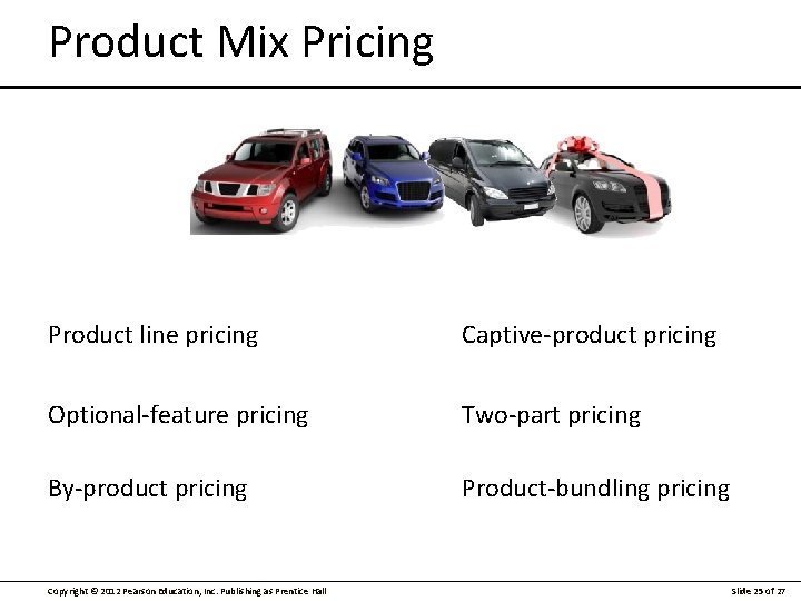 Product Mix Pricing Product line pricing Captive-product pricing Optional-feature pricing Two-part pricing By-product pricing