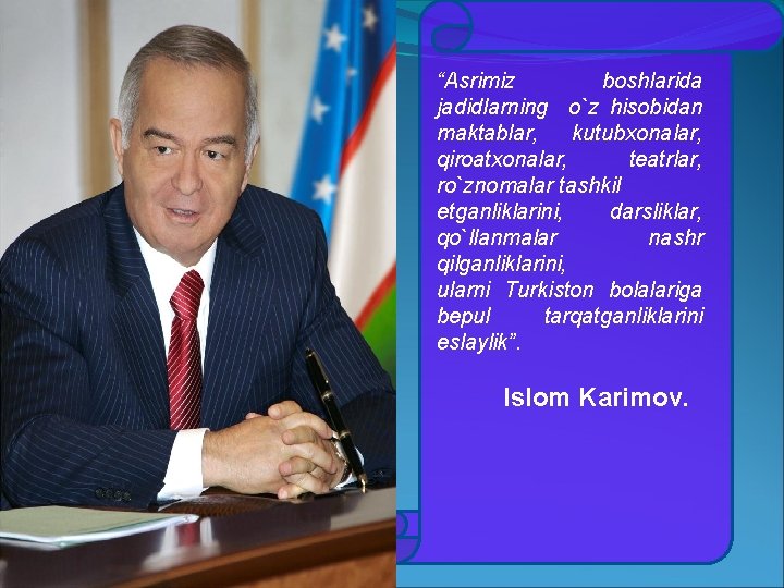 “Аsrimiz boshlаridа jаdidlаrning o`z hisobidаn mаktаblаr, kutubxonаlаr, qiroаtxonаlаr, teаtrlаr, ro`znomаlаr tashkil etgаnliklаrini, dаrsliklаr, qo`llаnmаlаr