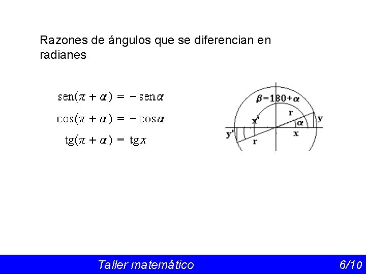Razones de ángulos que se diferencian en radianes Taller matemático 6/1 0 