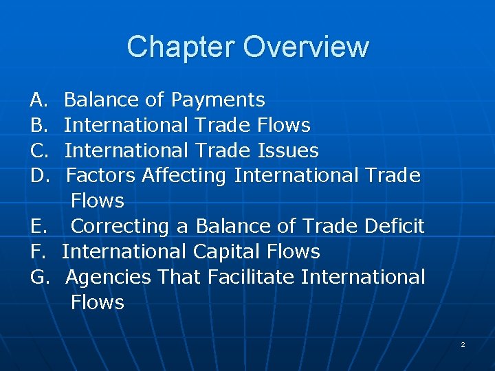 Chapter Overview A. B. C. D. E. F. G. Balance of Payments International Trade