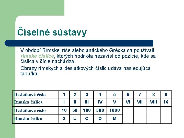 Číselné sústavy ð nepozičné: – – V období Rímskej ríše alebo antického Grécka sa