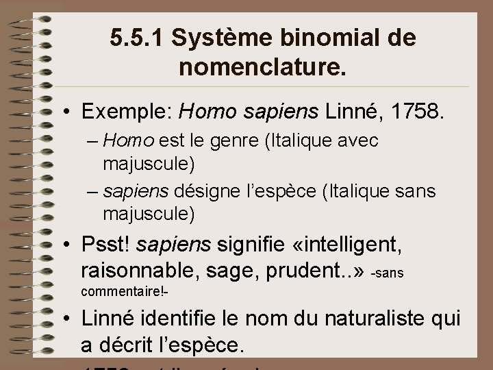 5. 5. 1 Système binomial de nomenclature. • Exemple: Homo sapiens Linné, 1758. – 5. 5. 1 Système binomial de nomenclature. • Exemple: Homo sapiens Linné, 1758. –