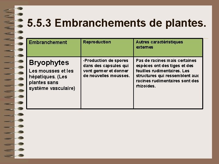 5. 5. 3 Embranchements de plantes. Embranchement Reproduction Autres caractéristiques externes Bryophytes -Production de 5. 5. 3 Embranchements de plantes. Embranchement Reproduction Autres caractéristiques externes Bryophytes -Production de