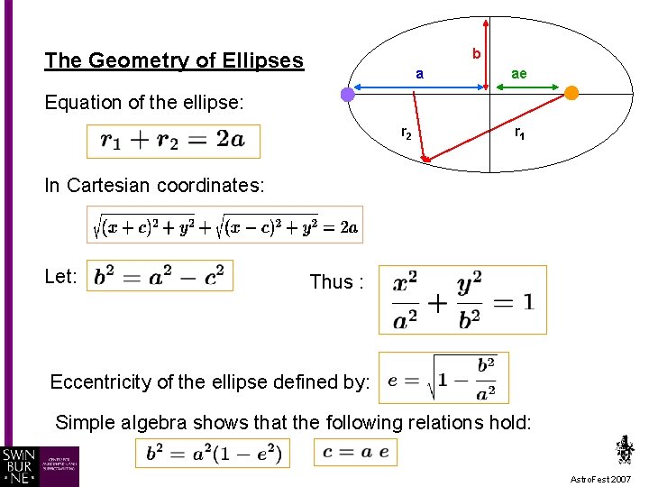 b The Geometry of Ellipses a ae Equation of the ellipse: r 2 r