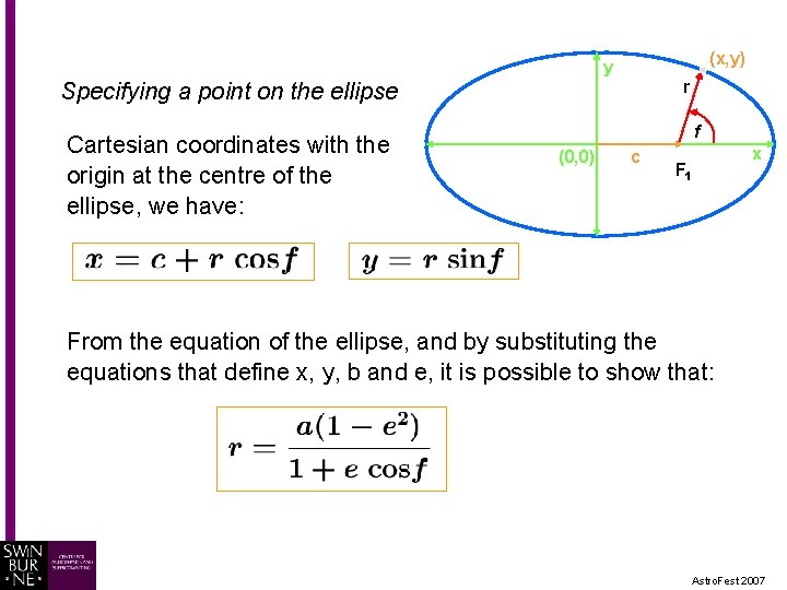 (x, y) y r Specifying a point on the ellipse Cartesian coordinates with the