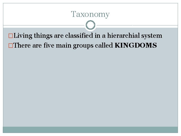 Taxonomy �Living things are classified in a hierarchial system �There are five main groups Taxonomy �Living things are classified in a hierarchial system �There are five main groups