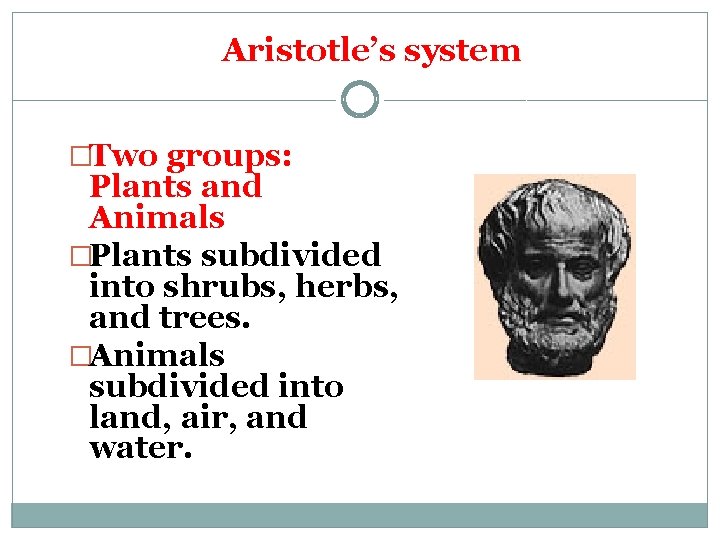 Aristotle’s system �Two groups: Plants and Animals �Plants subdivided into shrubs, herbs, and trees. Aristotle’s system �Two groups: Plants and Animals �Plants subdivided into shrubs, herbs, and trees.