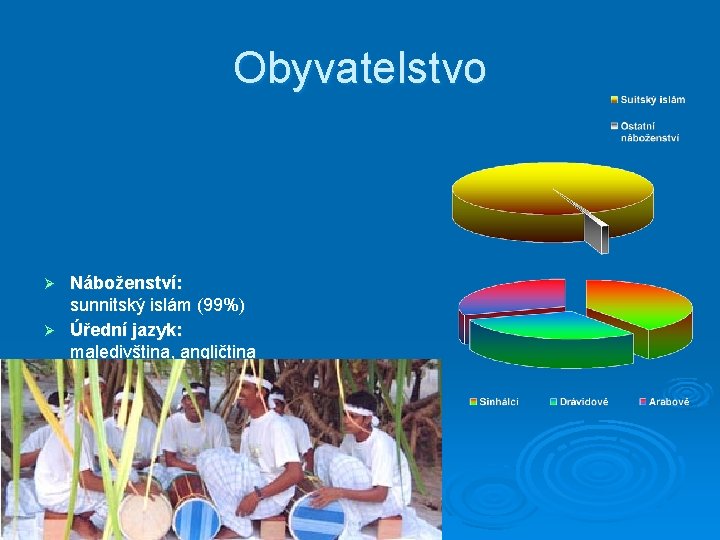 Obyvatelstvo Náboženství: sunnitský islám (99%) Ø Úřední jazyk: maledivština, angličtina Ø Obyvatelstvo: smíšené obyvatelstvo