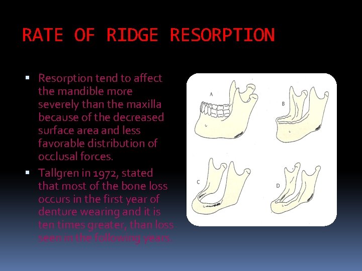 RATE OF RIDGE RESORPTION Resorption tend to affect the mandible more severely than the