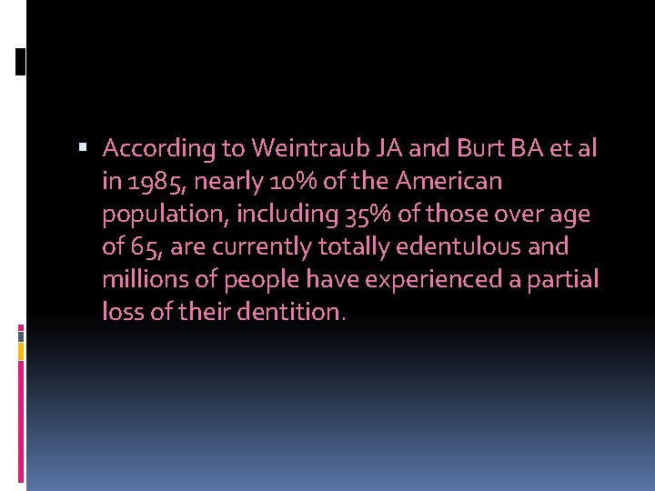  According to Weintraub JA and Burt BA et al in 1985, nearly 10%