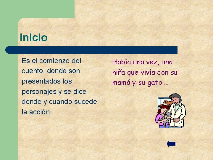 Inicio Es el comienzo del cuento, donde son presentados los personajes y se dice