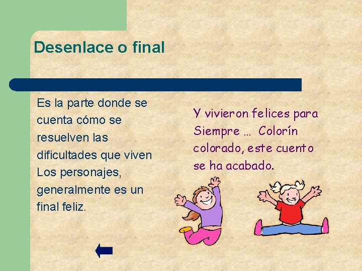 Desenlace o final Es la parte donde se cuenta cómo se resuelven las dificultades