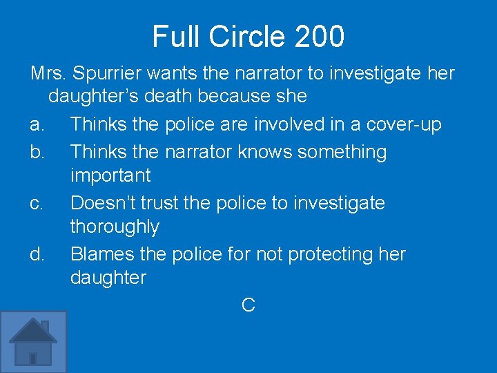 Full Circle 200 Mrs. Spurrier wants the narrator to investigate her daughter’s death because