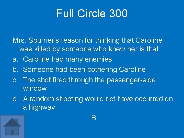 Full Circle 300 Mrs. Spurrier’s reason for thinking that Caroline was killed by someone