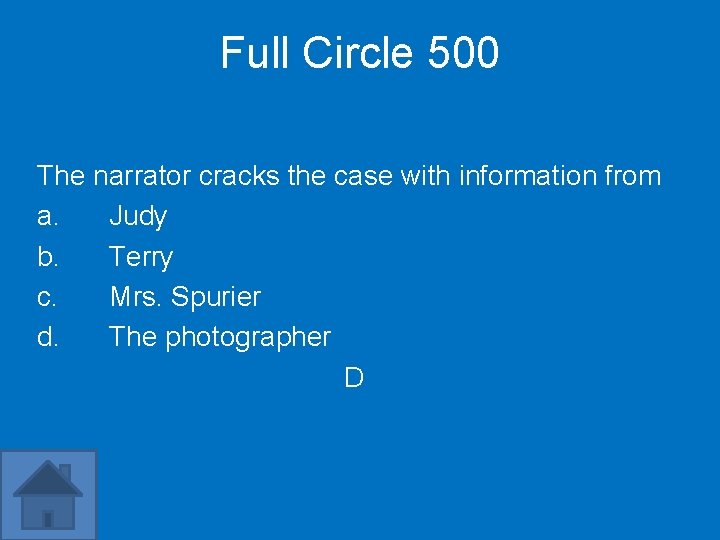Full Circle 500 The narrator cracks the case with information from a. Judy b.