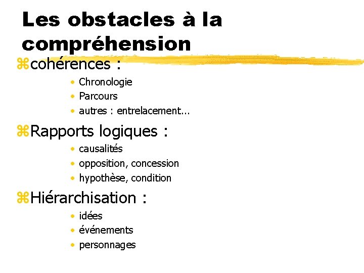 Les obstacles à la compréhension zcohérences : • Chronologie • Parcours • autres :